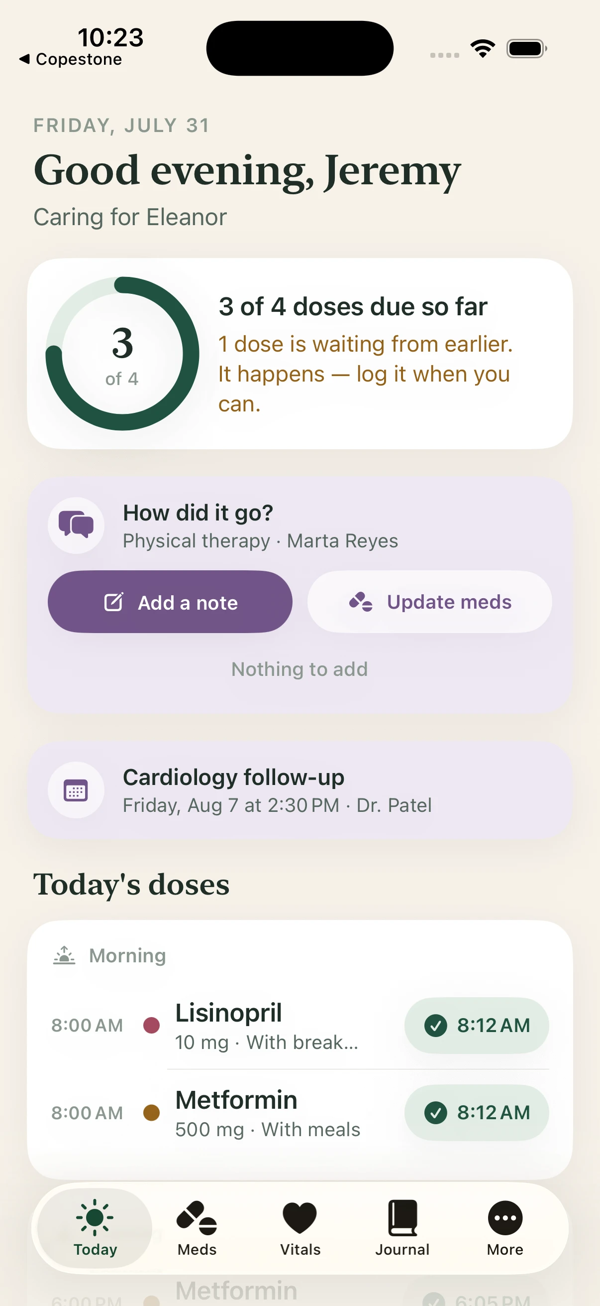 Cariven on iPhone: today's care view with doses given and an upcoming appointment