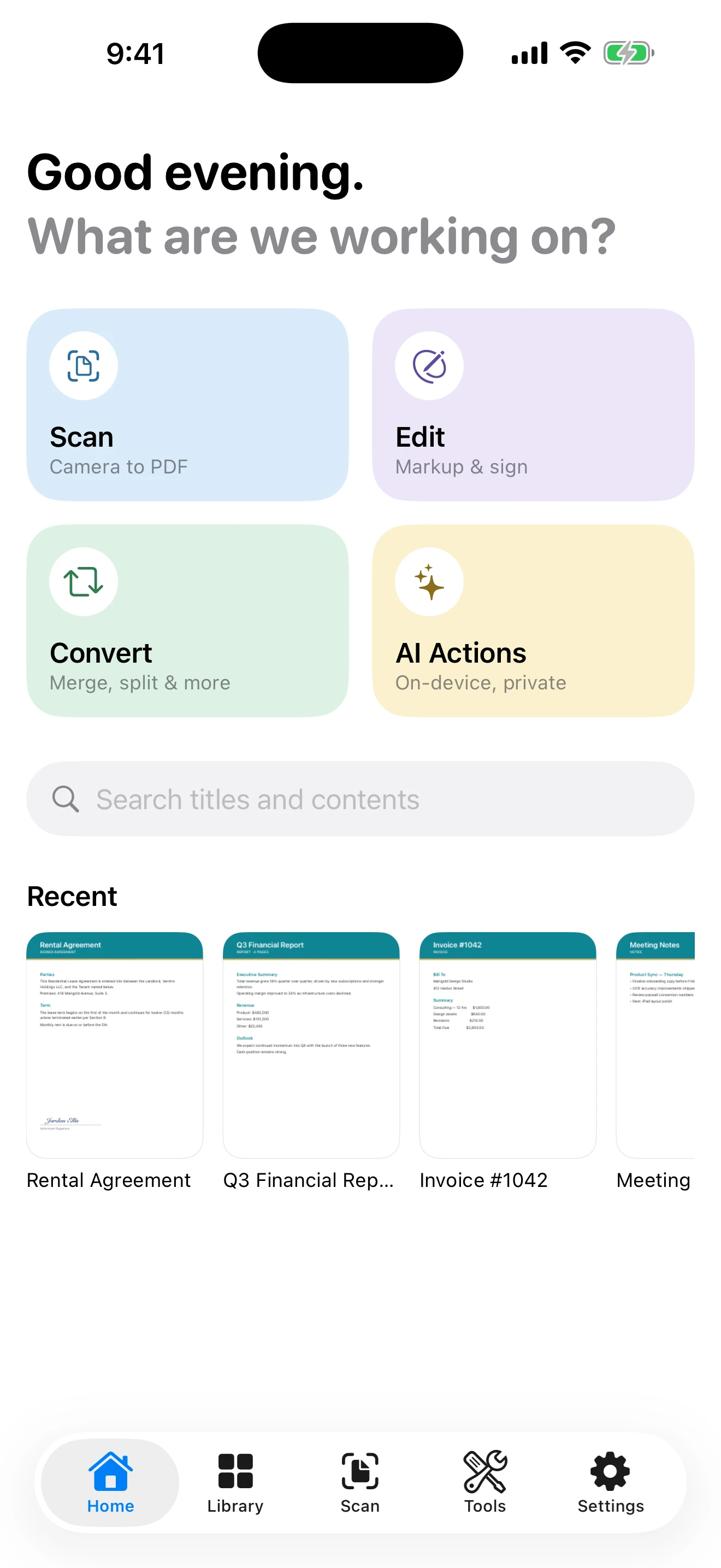 DocLoft on iPhone: the home screen with Scan, Edit, Convert and AI Actions tiles