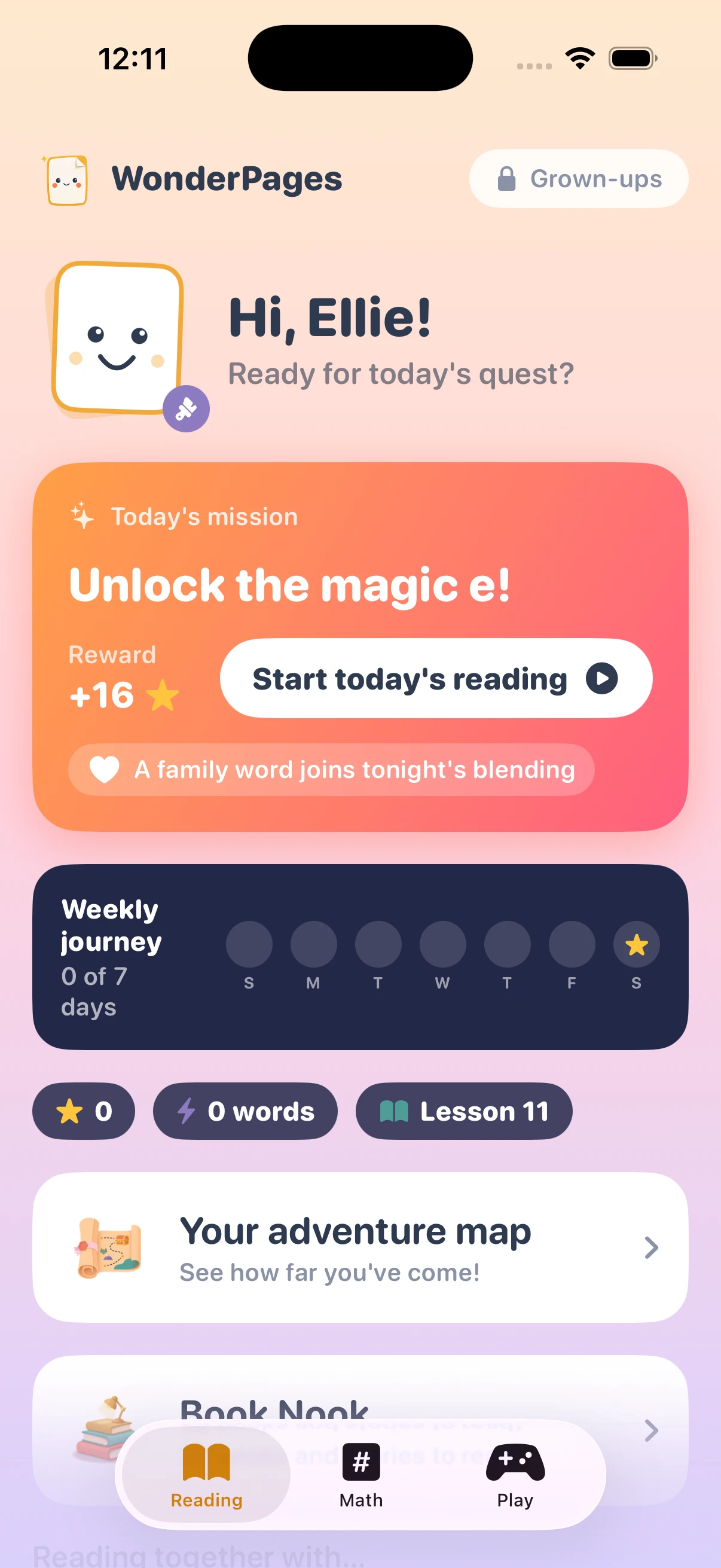 WonderPages on iPhone: a child's reading home with tonight's mission and weekly journey