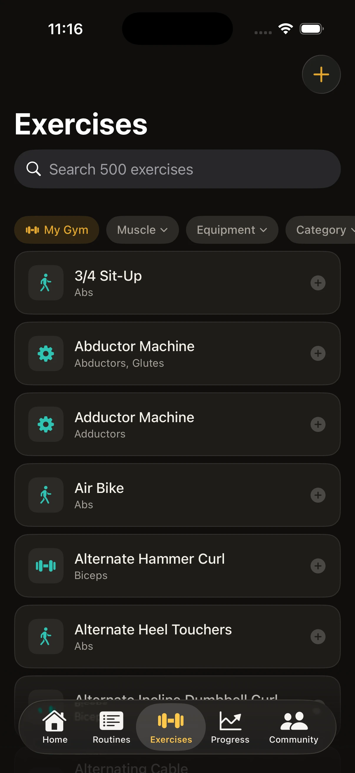 The STRAXE exercise library with a search field reading Search 500 exercises, and filters for My Gym, muscle, equipment and category