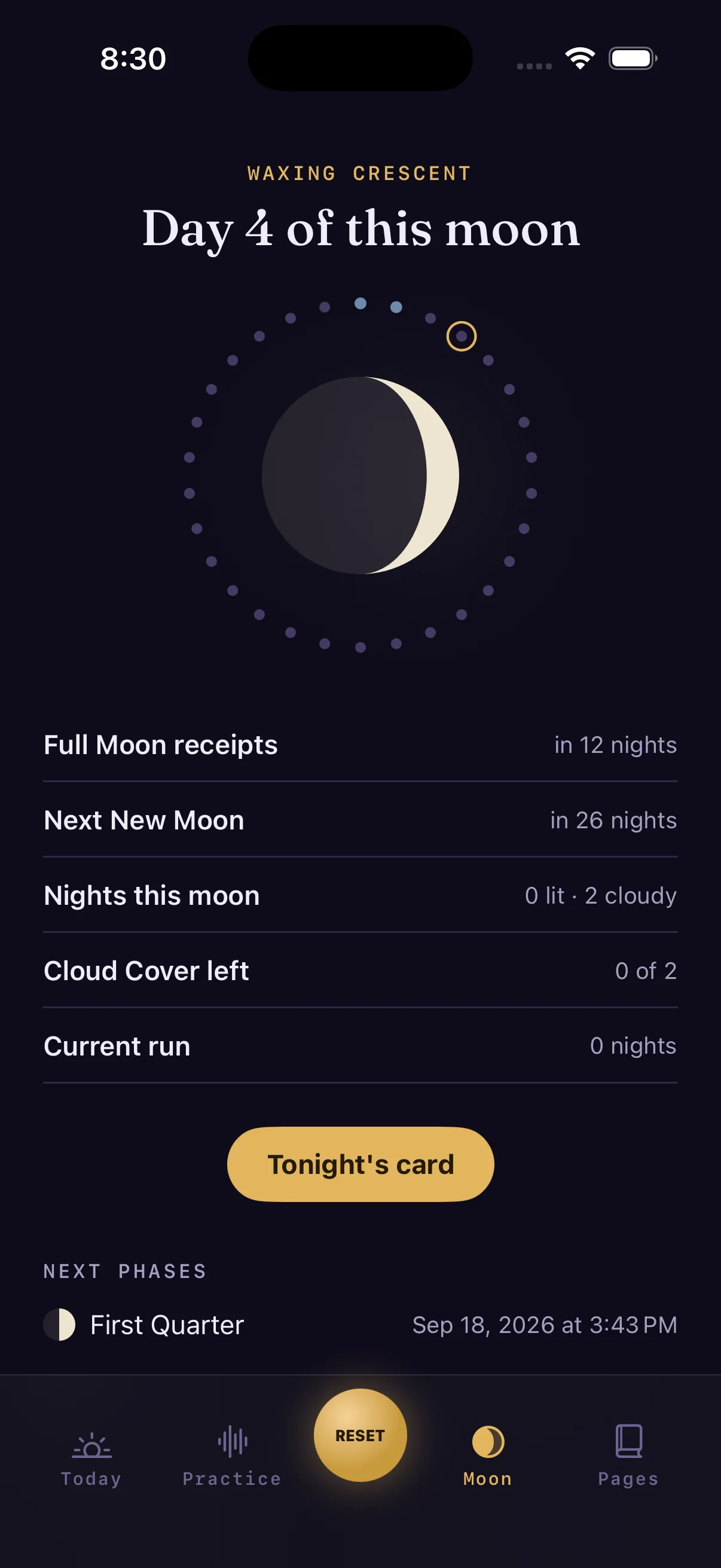 The Voluna moon screen showing a waxing crescent on day four of the lunar month, with nights lit this moon, Cloud Cover remaining, and the date of the next First Quarter