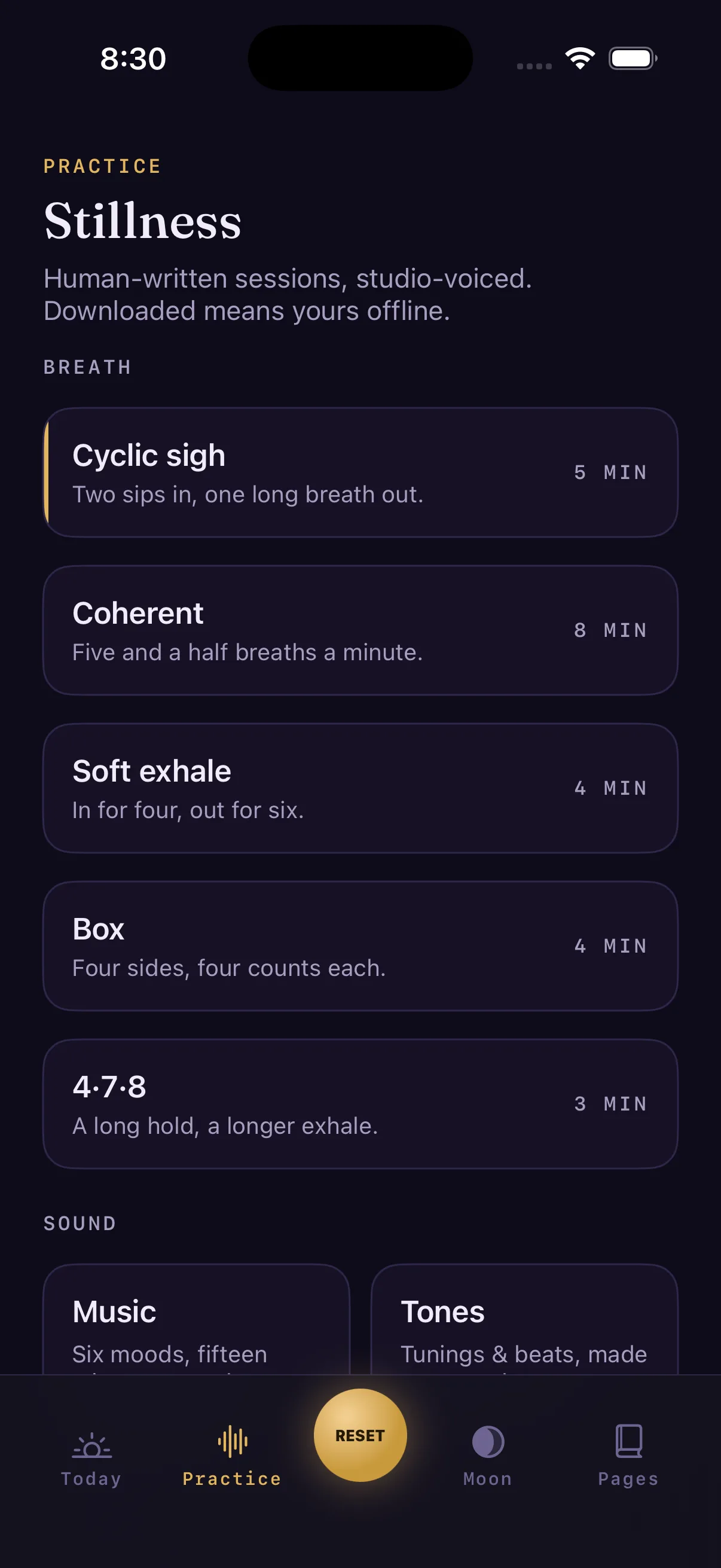 The Voluna practice screen listing five breath tools — cyclic sigh, coherent, soft exhale, box and 4-7-8 — with their durations, above the music and tones shelves