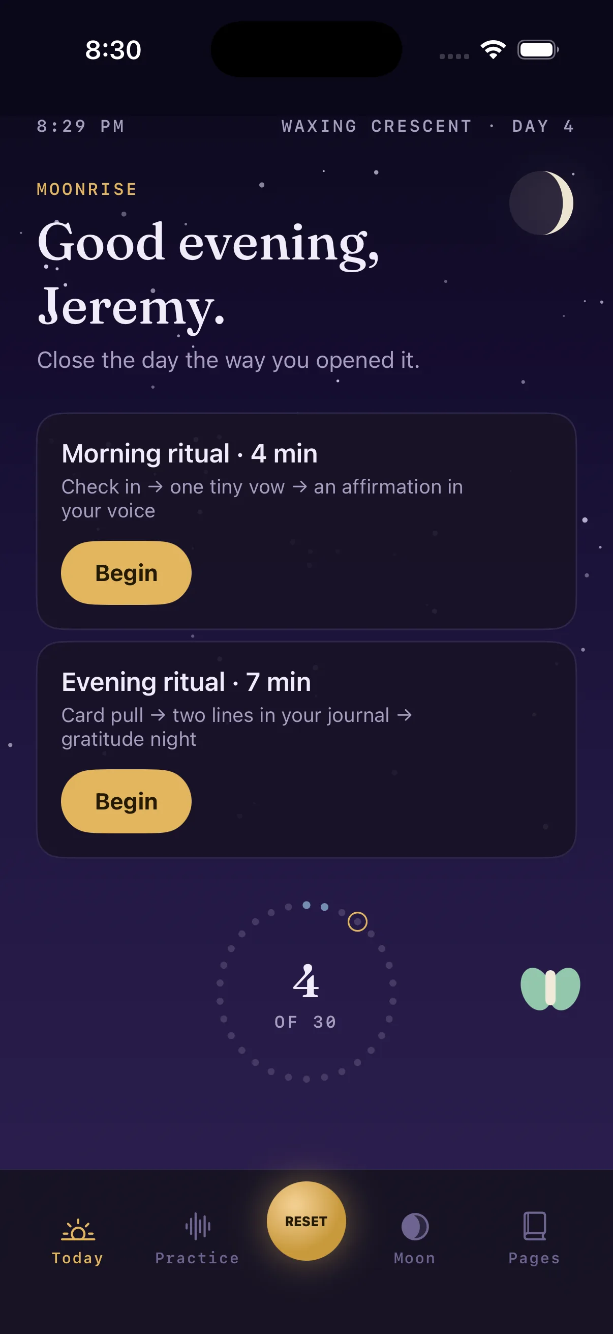 The Voluna Today screen on a waxing crescent evening, offering a four-minute morning ritual and a seven-minute evening ritual, with a ring showing day four of thirty